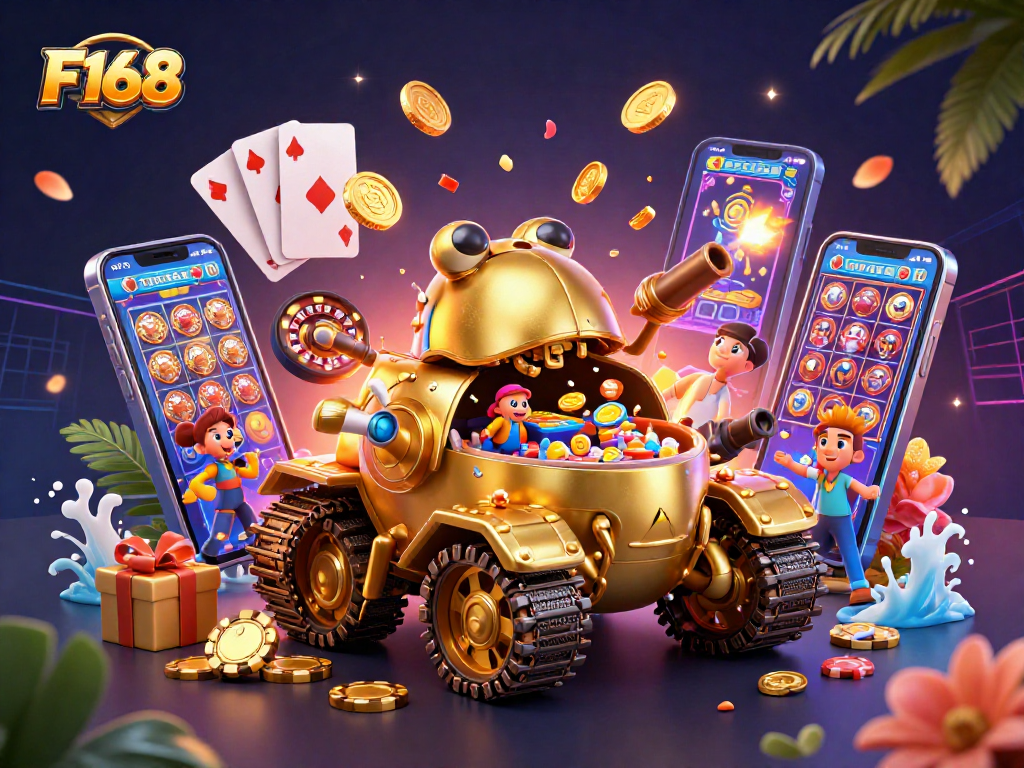 Catch the action with F168 in a vibrant 3D casino scene showcasing slot games and golden treasures!