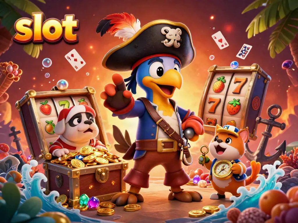 Engage with exciting slot machines featuring a cartoon pirate captain, bulldog, and cat in a vibrant underwater scene.