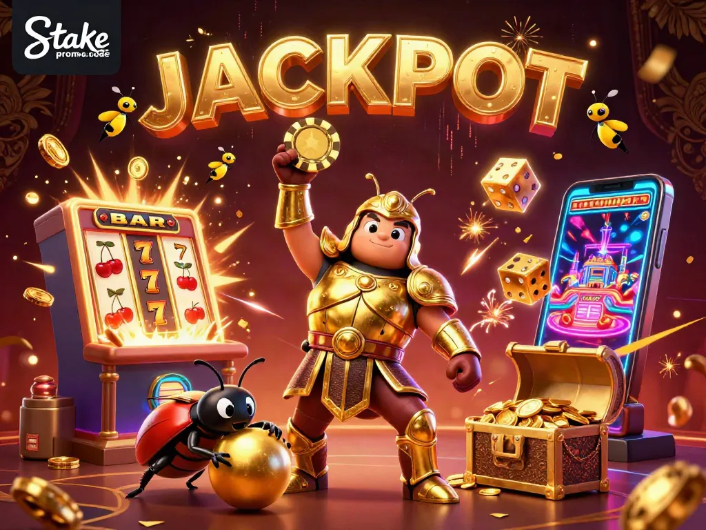 Claim your bonus with the stake.us promo code in this vibrant casino-themed illustration.