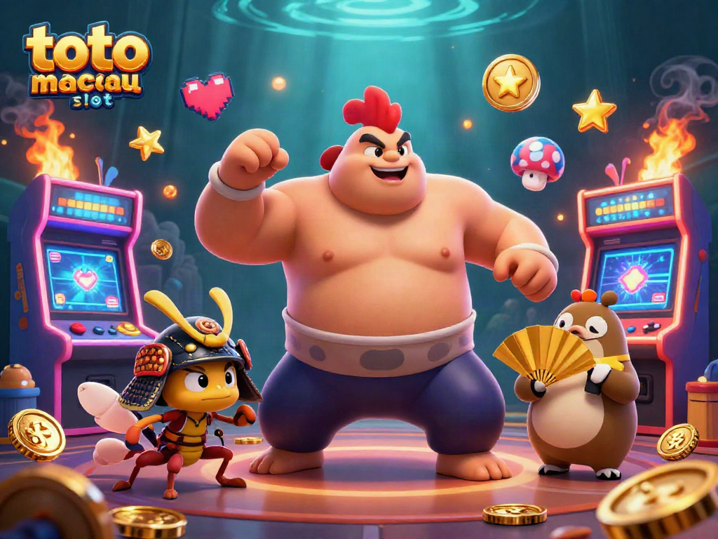 Permainan toto macau slot menampilkan suasana kasino yang penuh aksi dengan karakter unik dan elemen permainan interaktif.