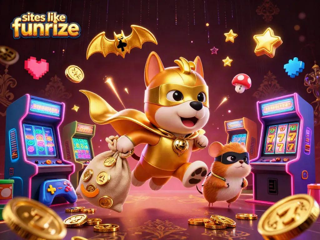 Engaging gaming scene showcasing sites like funrize, featuring a superhero dog and hamster amidst vibrant gaming elements.