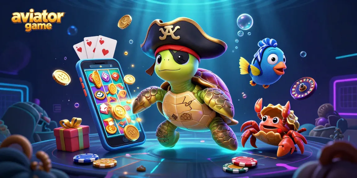 Engage with the aviator game excitement featuring pirate turtle, crab, and parrotfish amid casino treasures.