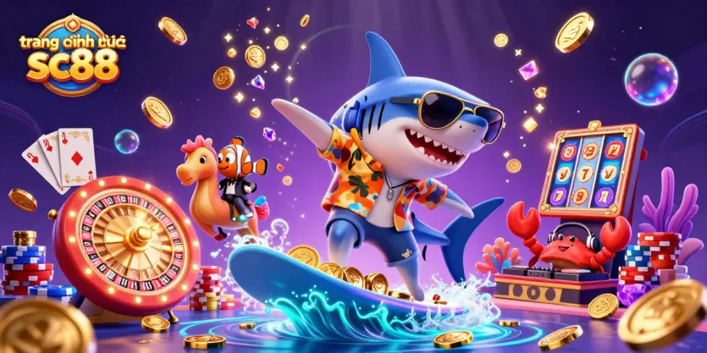 Engage with the trang chính thức sc88 through a vibrant underwater casino themed illustration showcasing a playful scene.