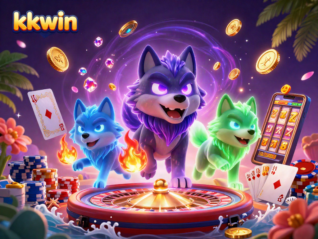 Experience the excitement of kkwin with a 3D wolf pack leader and vibrant casino elements!