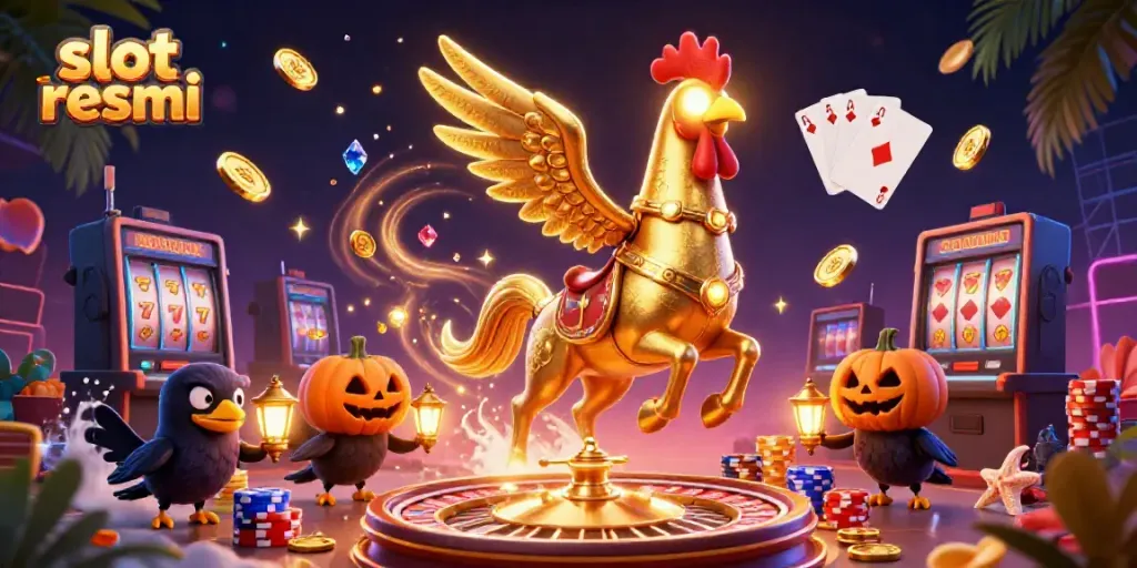 Spin the reels with the golden rooster in this lively slot resmi casino scene.