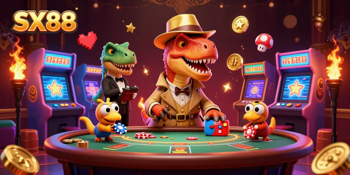 SX88 action scene featuring a velociraptor card counter at blackjack, with vibrant gaming elements surrounding