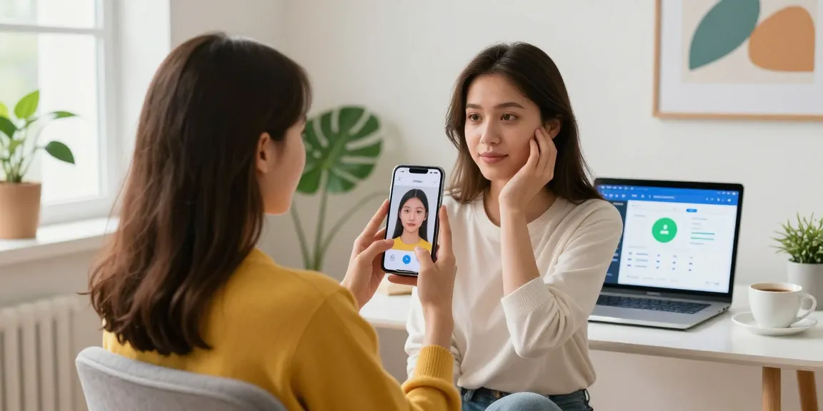 Young woman checking how old do I look using a smartphone app in a bright, stylish room.
