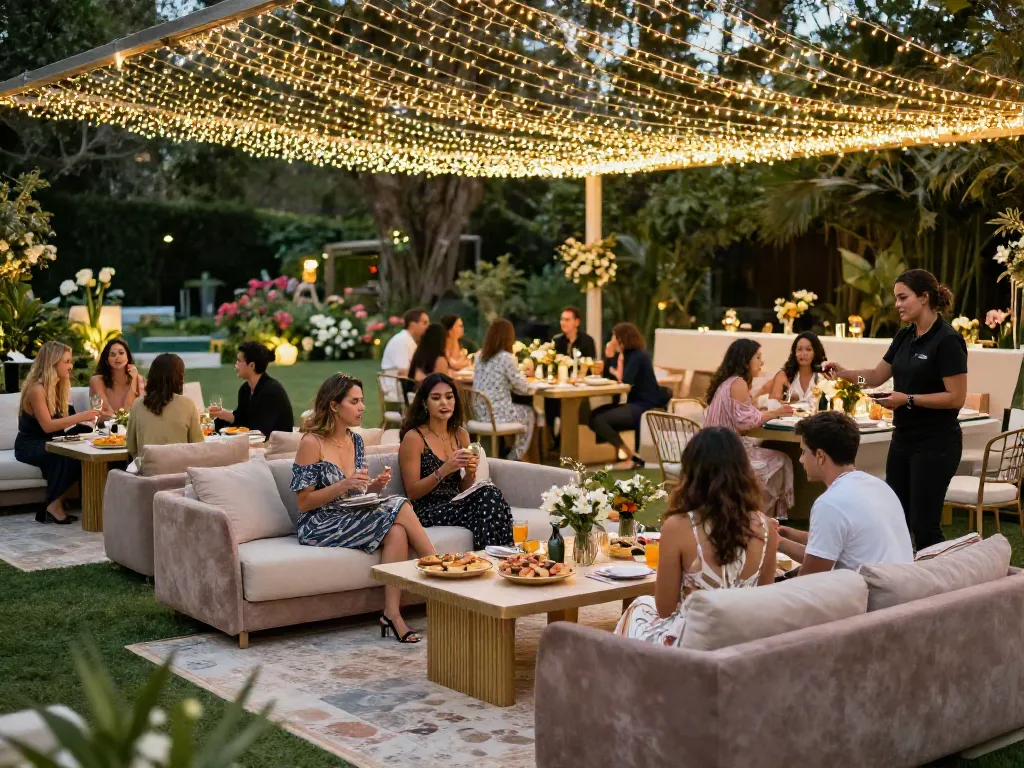 Event furniture rental showcasing elegant outdoor lounge seating and decor for a sophisticated gathering.