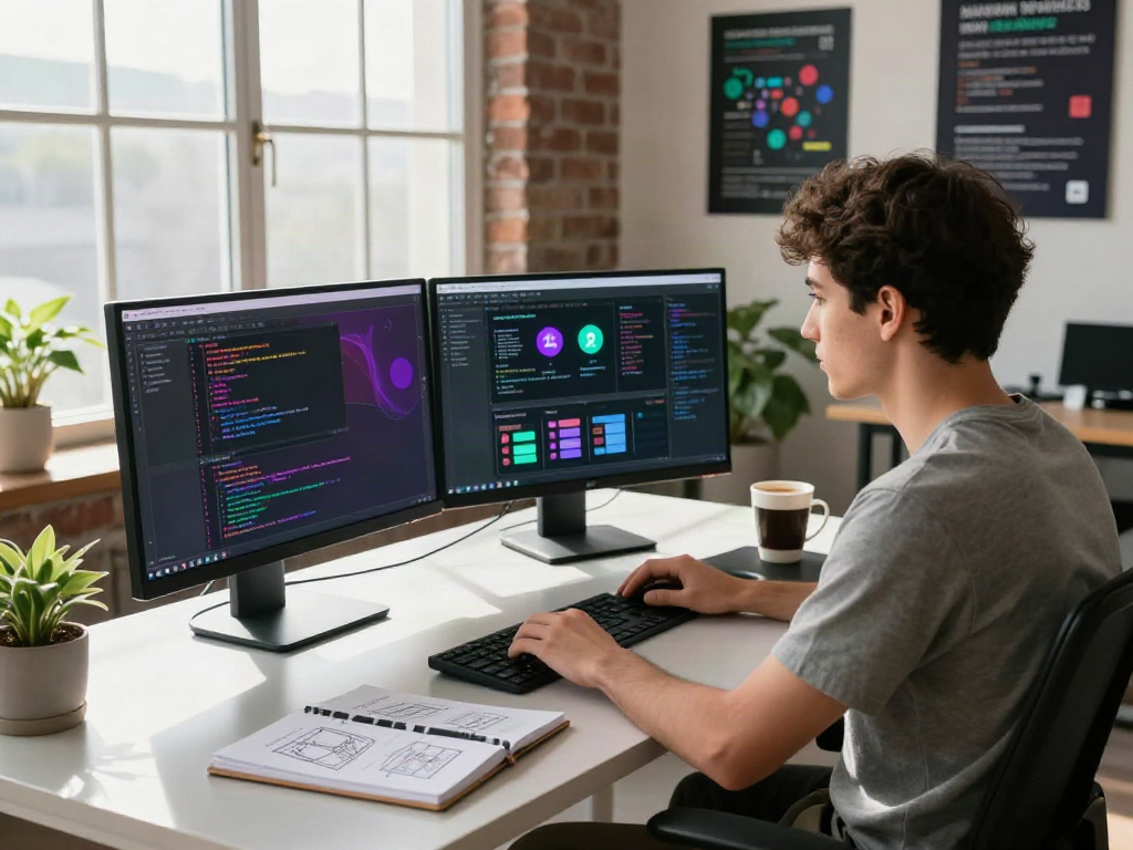 Developing pikashow apk download in a modern tech workspace with dual monitors