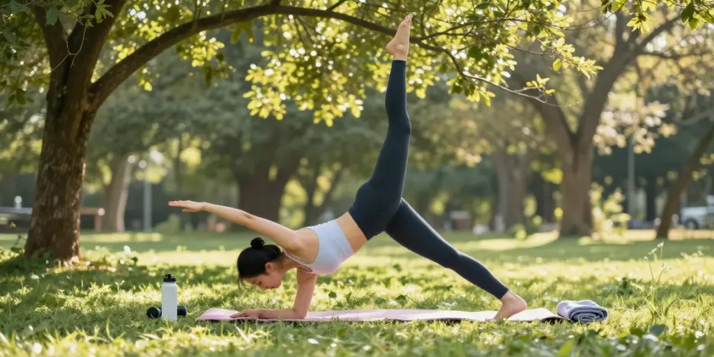 MOTS-c peptide benefits enhanced through yoga practice in a tranquil outdoor setting.