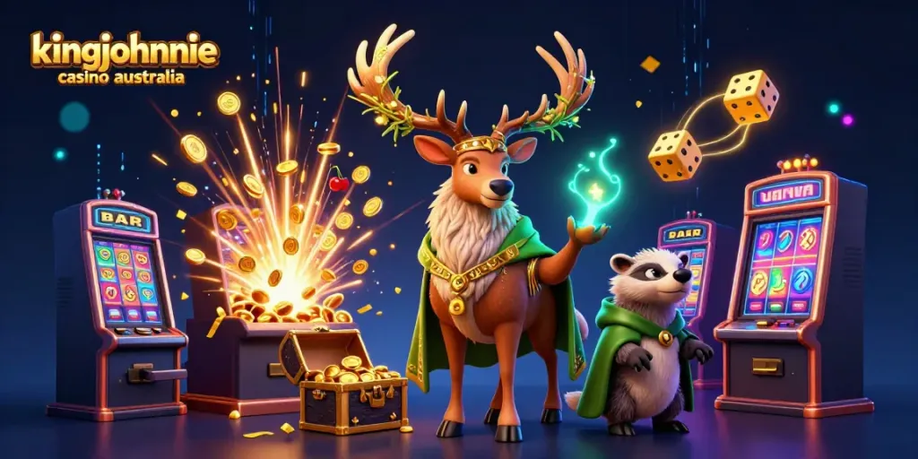 Experience thrilling gaming at kingjohnnie casino australia with a vibrant 3D scene showcasing luck and excitement.