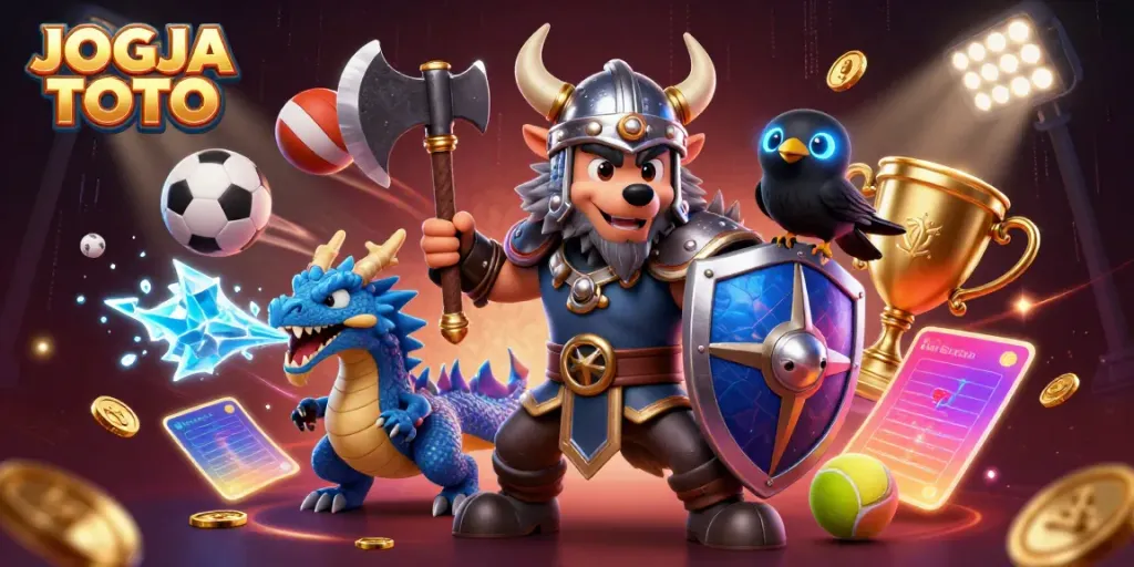 Experience thrilling action with JOGJA TOTO and vibrant gaming elements in a dynamic 3D casino scene.