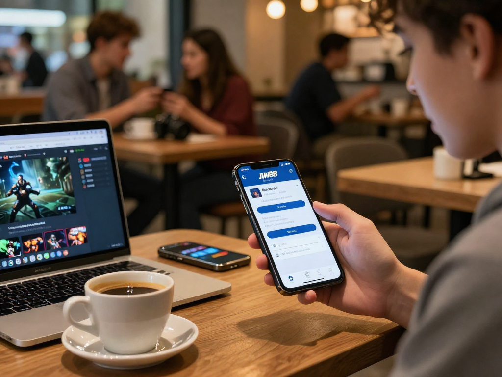 Đăng ký Jin88 dễ dàng trên điện thoại tại quán cafe.