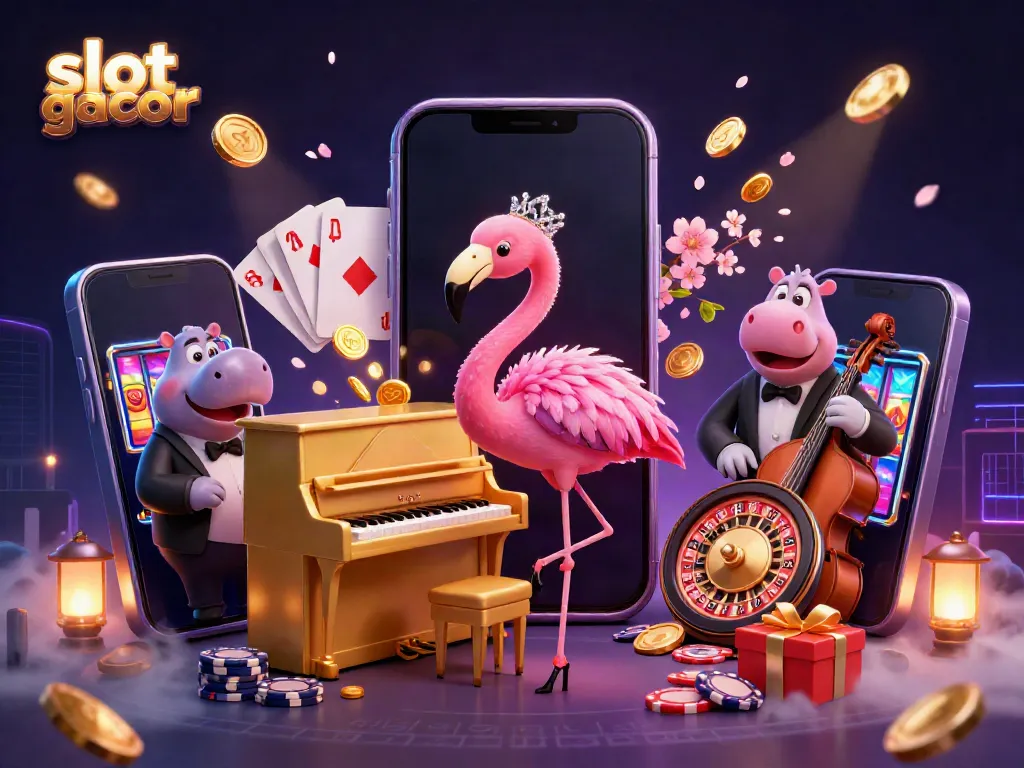 Menangkan permainan slot gacor dengan pemandangan unik penyanyi flamingo dan bassist hippo di kasino.