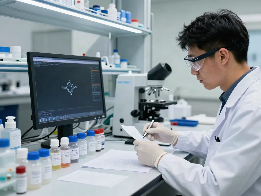 Scientist analyzing peptide research samples in a clean lab.