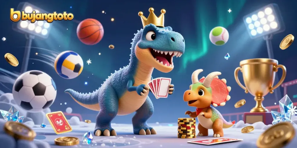 Bujangtoto showcases a cartoon scene with a T-Rex shuffling cards and a baby triceratops stacking chips, perfect for gaming excitement.