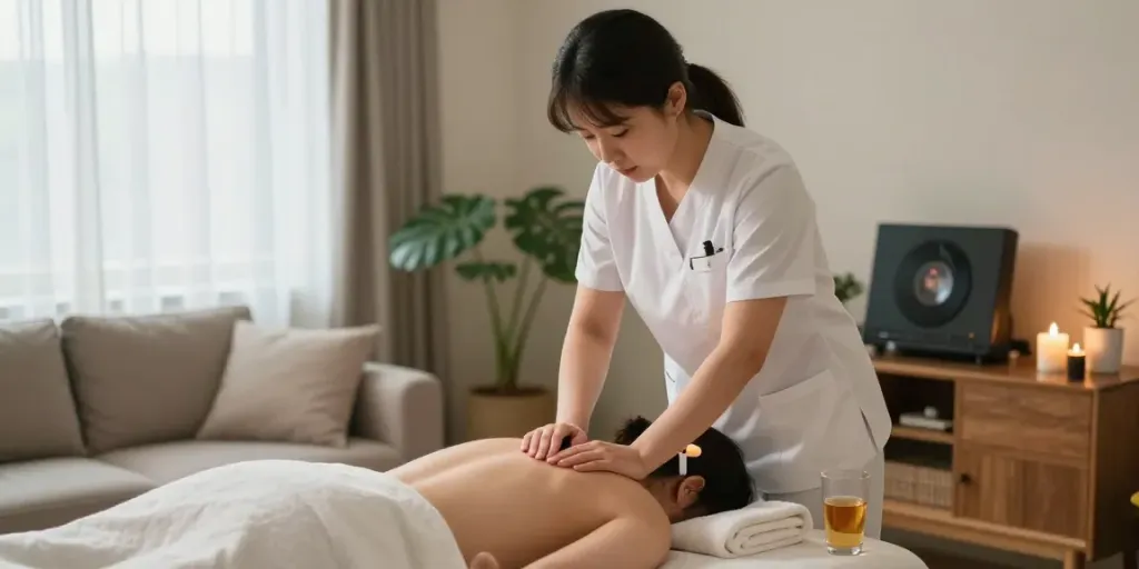 Therapist providing a calming 서대문출장마사지 in a serene home setting with soothing atmosphere.