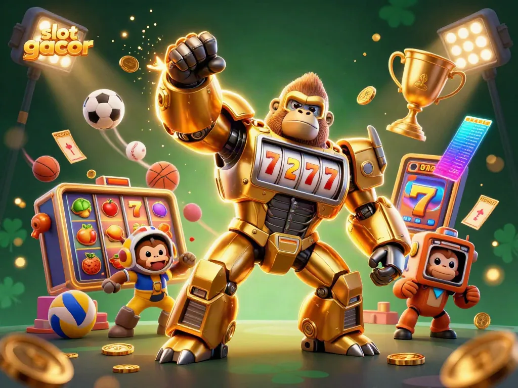 Experience thrilling slot gacor action with a dynamic golden mech and vibrant casino elements.