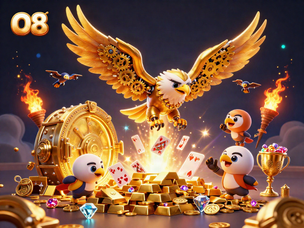 Engage in thrilling O8 casino adventures with a cybernetic eagle amidst cascading cards and treasures.