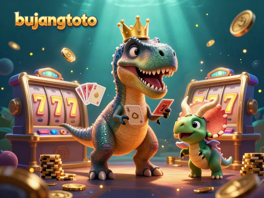 Engage with bujangtoto's fun slot games featuring a T-Rex, pterodactyl, and triceratops in a vibrant casino scene.