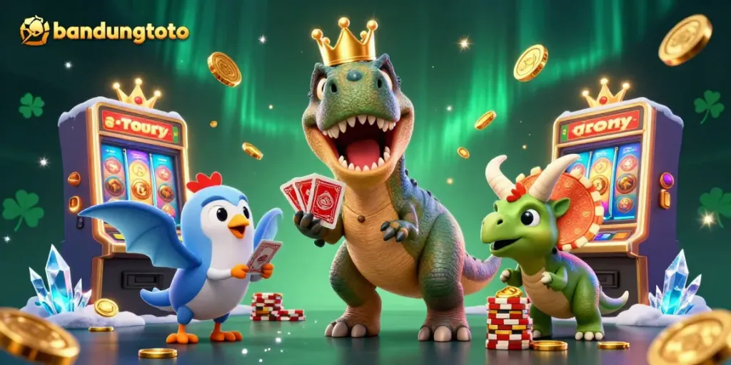 Play exciting games at bandungtoto with T-Rex shuffling cards alongside vibrant casino elements.