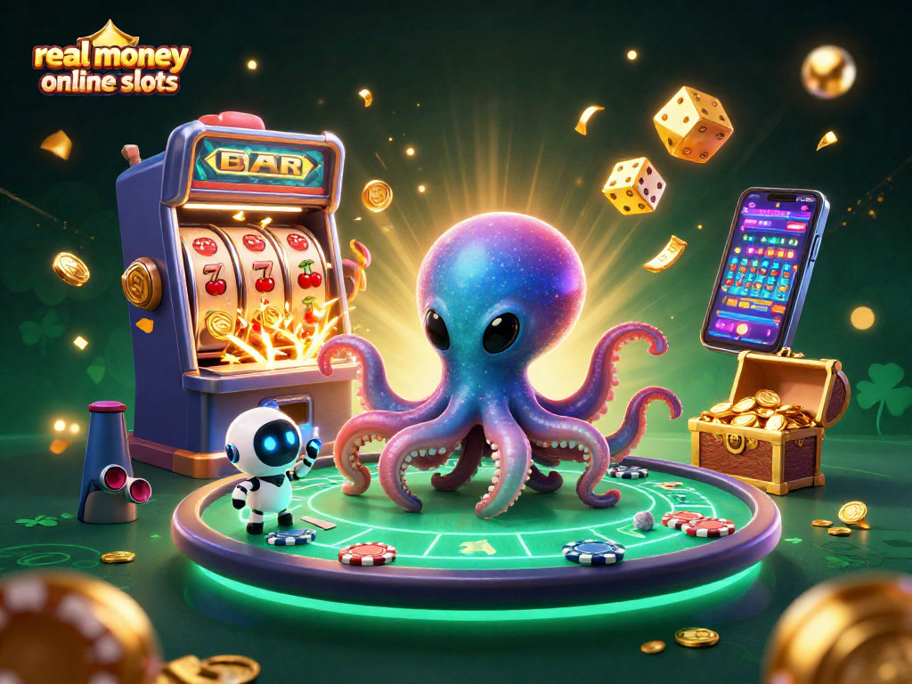 Engage in thrilling real money online slots with an alien octopus and dynamic casino elements.