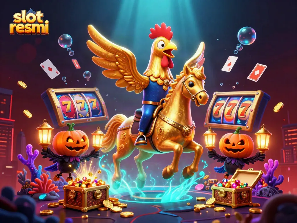 Experience the vibrant world of slot resmi gaming with a golden rooster, spectral horse, and treasure-filled scene.