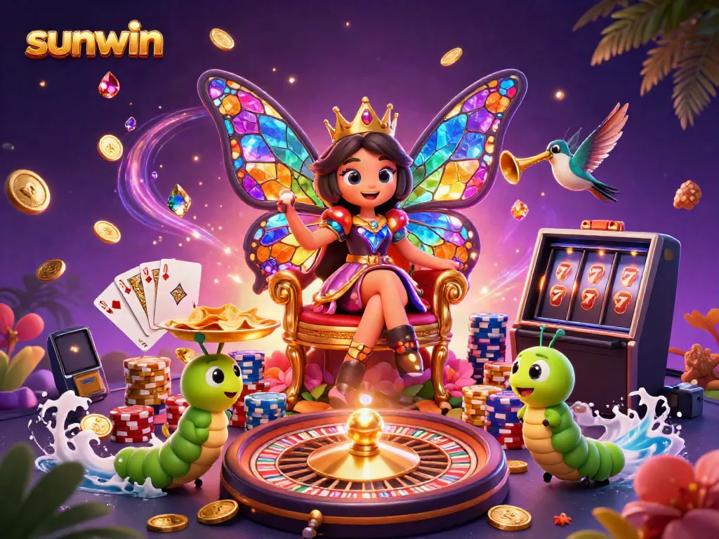 Experience the vibrant world of sunwin with a dazzling casino scene featuring a butterfly queen amidst flying coins and colorful games.