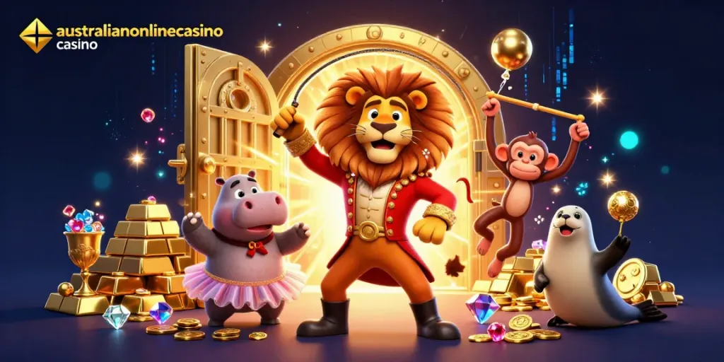 Engaging scene of australianonlinecasino casino characters amid golden treasures and vibrant casino elements.