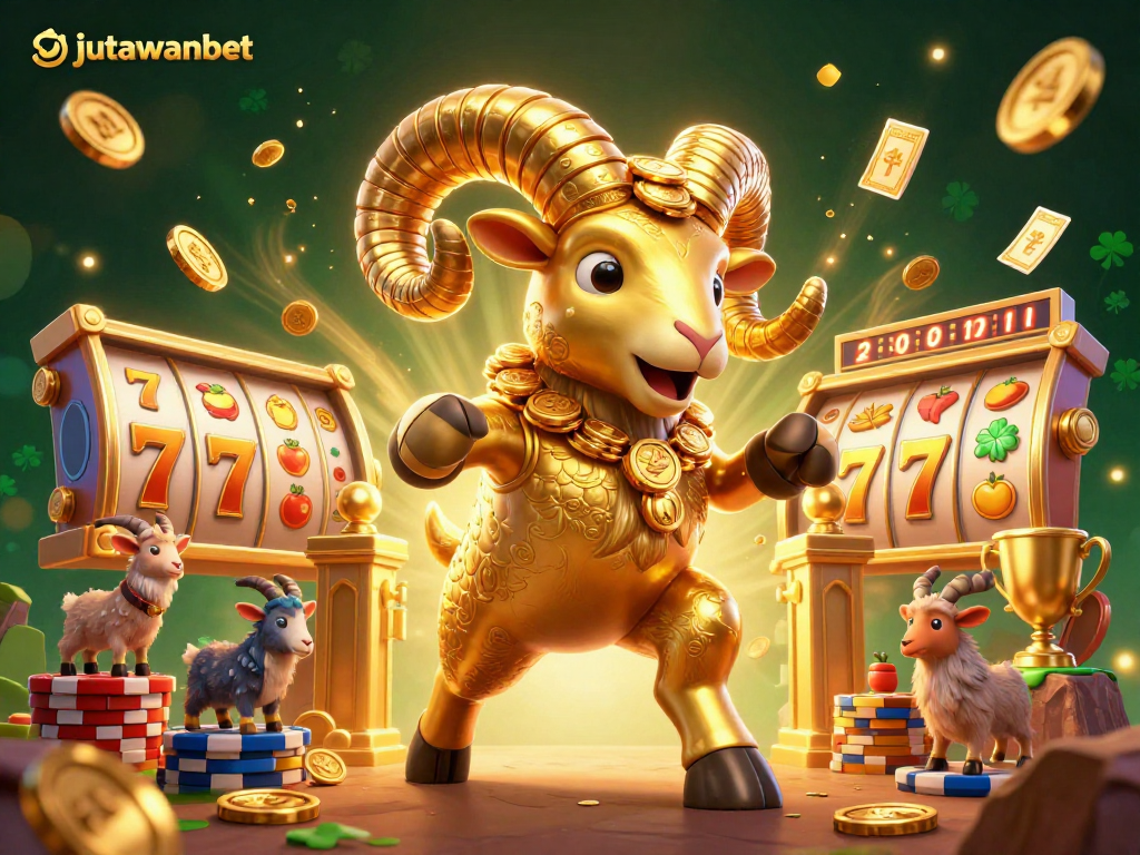 Experience thrilling wins at Jutawanbet with a golden ram charging towards jackpot slots.