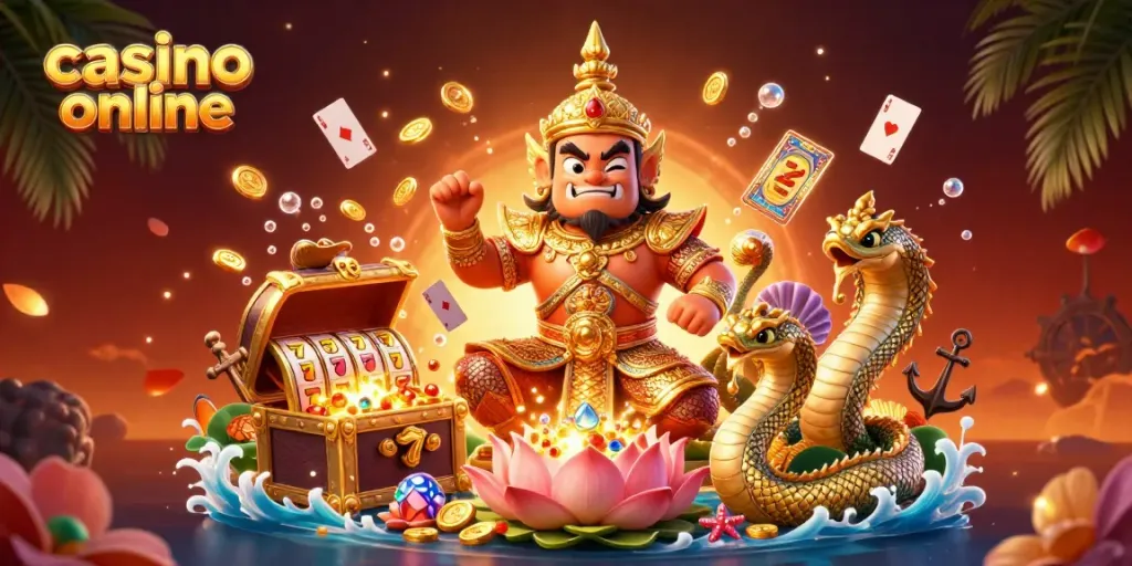 Engage in casino online fun with a vibrant 3D scene of a temple guardian and Naga companions amidst treasure and slot reels