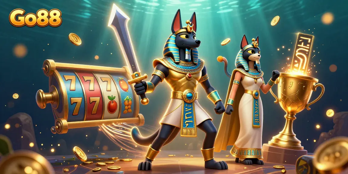 Go88 introduces thrilling slot action with Anubis and Bastet in vibrant casino scene.