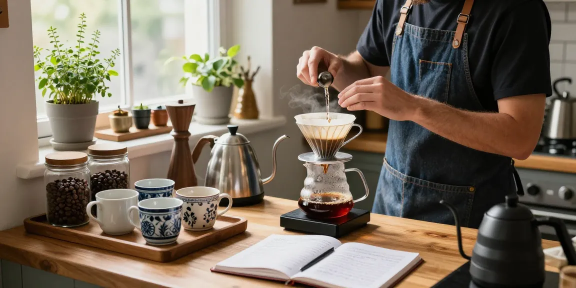 Brewing pour-over coffee with Ebb reusable filters in a cozy kitchen, showcasing sustainable upcycled denim craftsmanship.