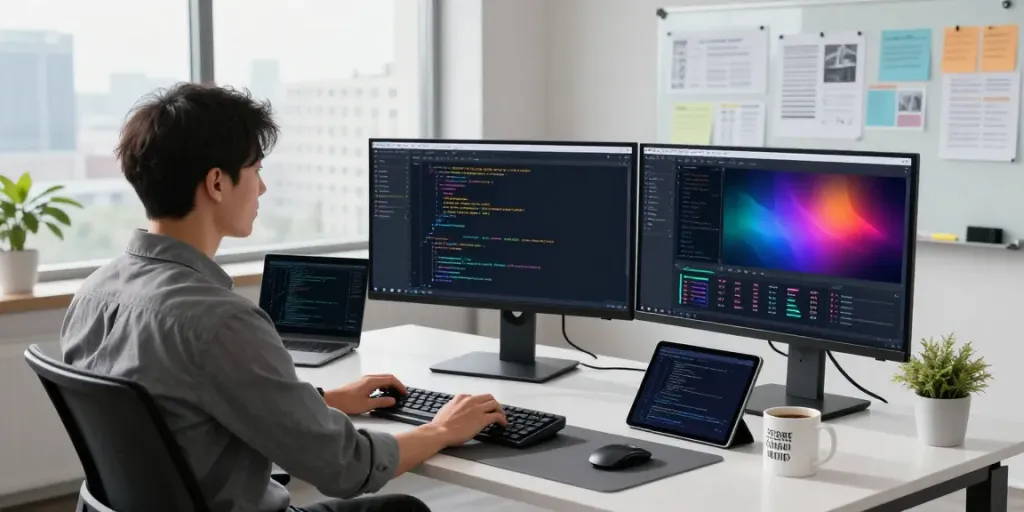 Chuyên gia công nghệ đang lập trình với màn hình đa dạng tại văn phòng hiện đại, thể hiện sự hiệu quả.