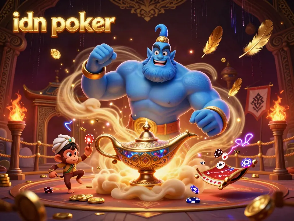 Experience the excitement of idn poker with a magical scene featuring a genie, monkey, and poker chips.