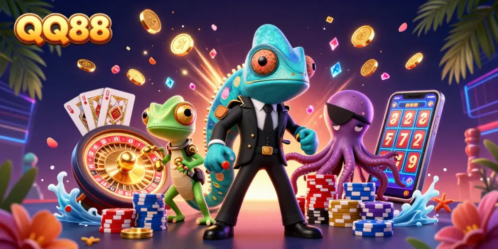 Engage with QQ88 in a vibrant gaming scene featuring chameleon agents and casino thrills.