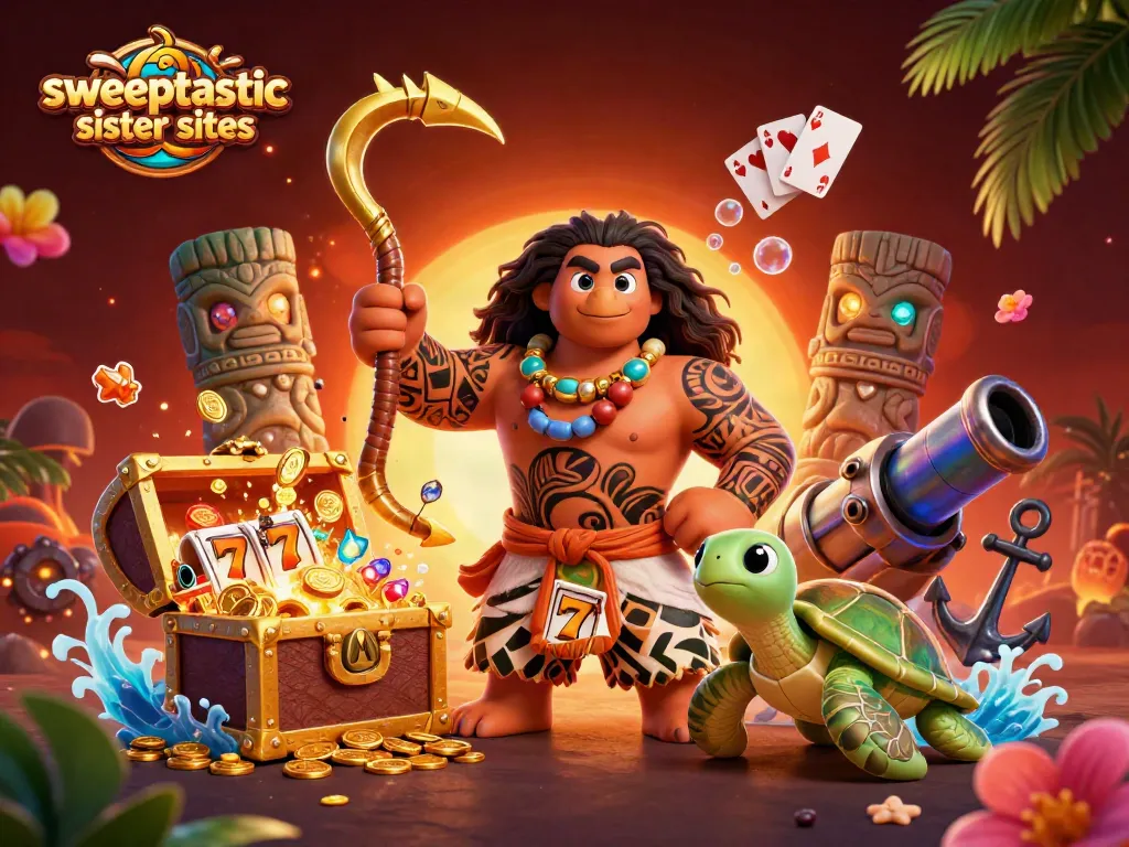 Win at sweeptastic sister sites with vibrant casino-themed 3D illustration showcasing gameplay excitement.