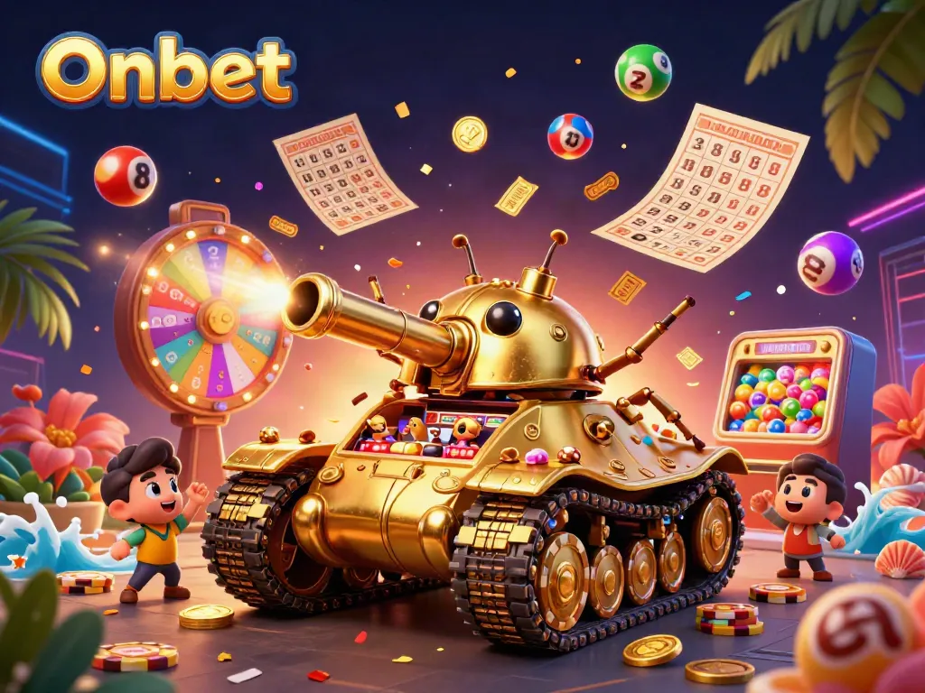 Experience thrilling gaming with Onbet's golden beetle tank casino illustration featuring vibrant lottery elements.