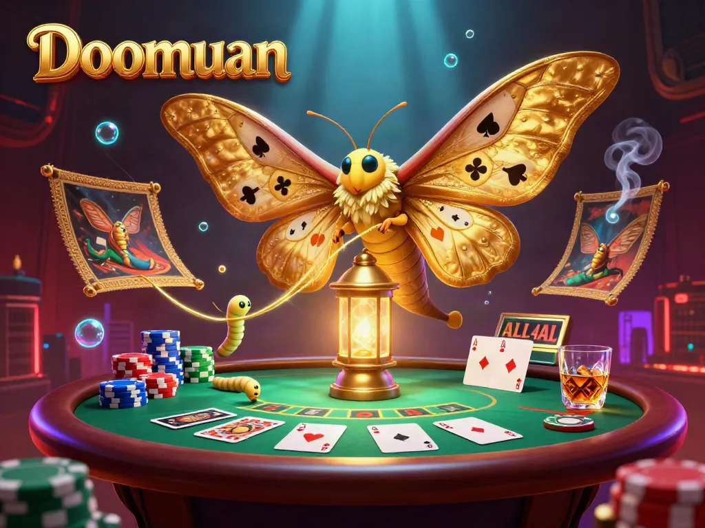 Doomuan offers a vibrant casino scene with a cartoon moth and poker elements, enhancing the gaming experience.