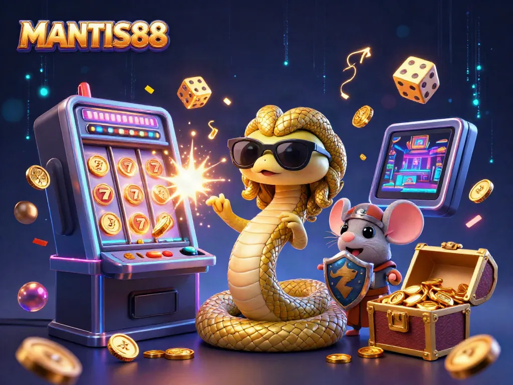 Engage with MANTIS88's thrilling slot machine jackpot scene embellished with playful characters and vibrant casino elements.