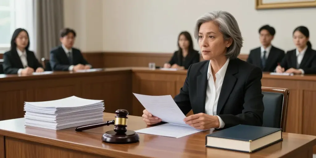Karen McCleave crown attorney passionately presenting a case in court.