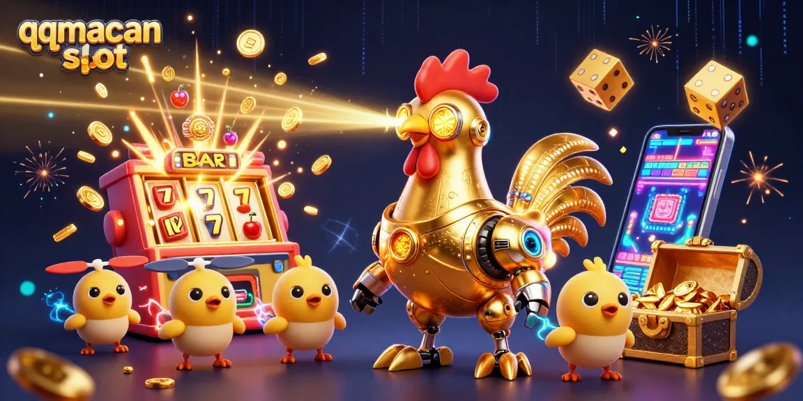 The 3D cartoon golden rooster robot and baby chick drones feature prominently in the qqmacan slot scene, surrounded by vibrant slot machine elements.