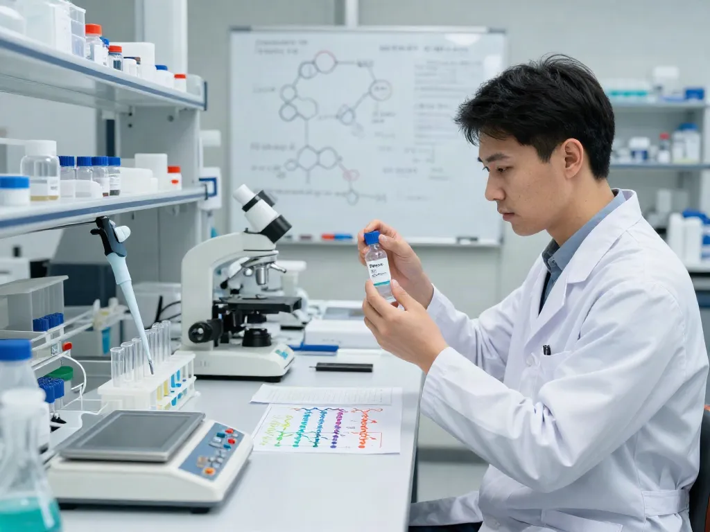 A researcher analyzing tesa ipa blend in a lab setting with detailed lab equipment and research notes.