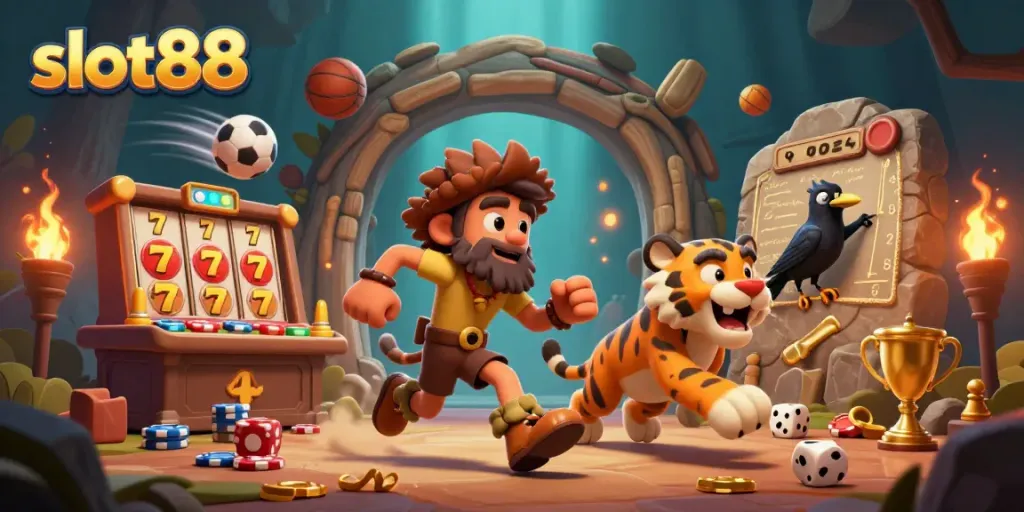 Experience the vibrant world of slot88 with a dynamic prehistoric casino scene featuring cavemen, tigers, and scores of symbols.