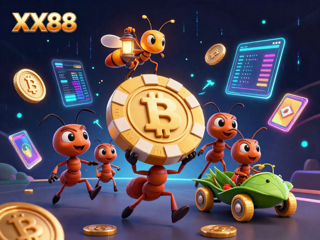 XX88 ants heist scene with glowing crypto coins, showcasing an exciting gambling adventure.