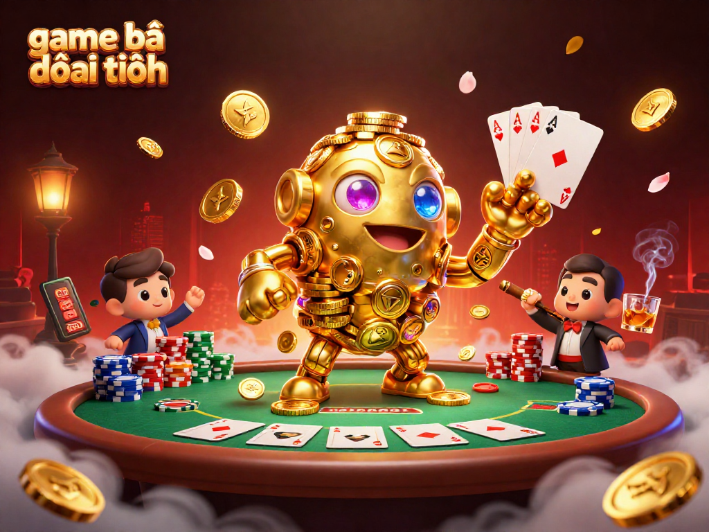 Engage with game bài đổi thưởng amidst dynamic casino elements with a golden golem and poker setup.
