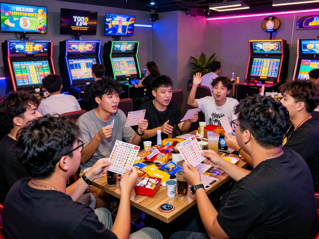 Engaged players celebrating Toto 4D lottery excitement in a vibrant gaming lounge atmosphere.