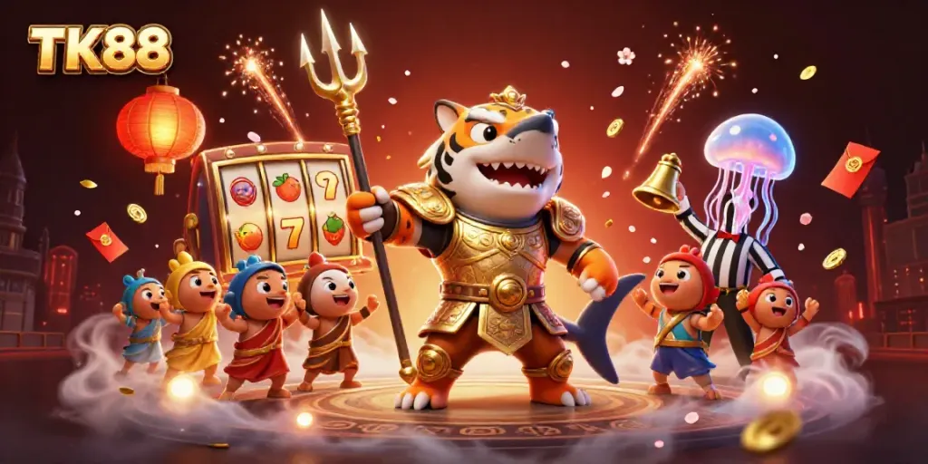 Engage in thrilling gameplay with TK88, featuring an underwater colosseum battle and vibrant casino elements.