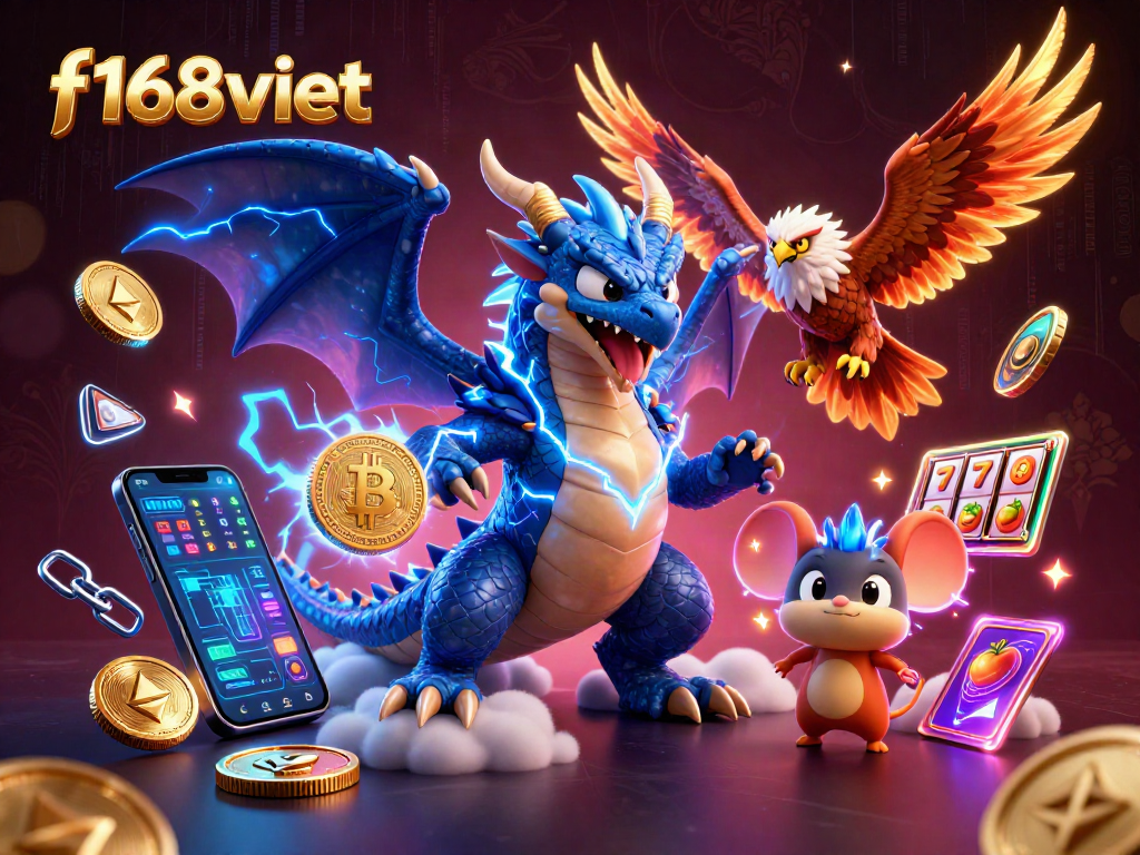 Experience exciting casino thrills with f168viet's electric dragon, hawk, and vibrant slot reels.