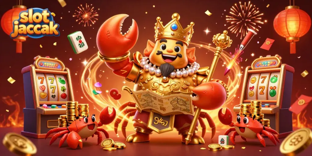 Spin the slot jackpot reels with a royal golden crab and festive elements surrounding